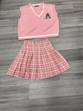 SHEIN Pink Plaid Pleated Skirt Set - Pink Knit Vest & Plaid Skirt